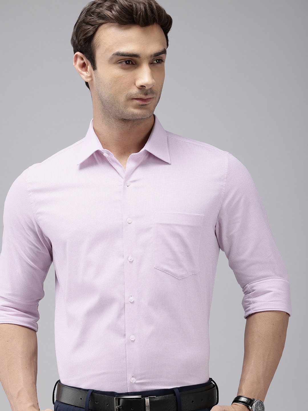 

Van Heusen Slim Fit Textured Self Design Pure Cotton Formal Shirt, Pink