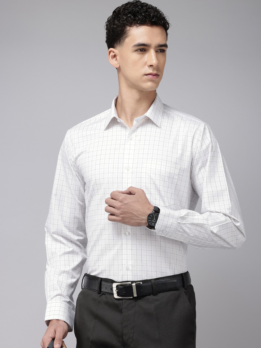 Van Heusen Pure Cotton Custom Fit Checked Formal Shirt, White