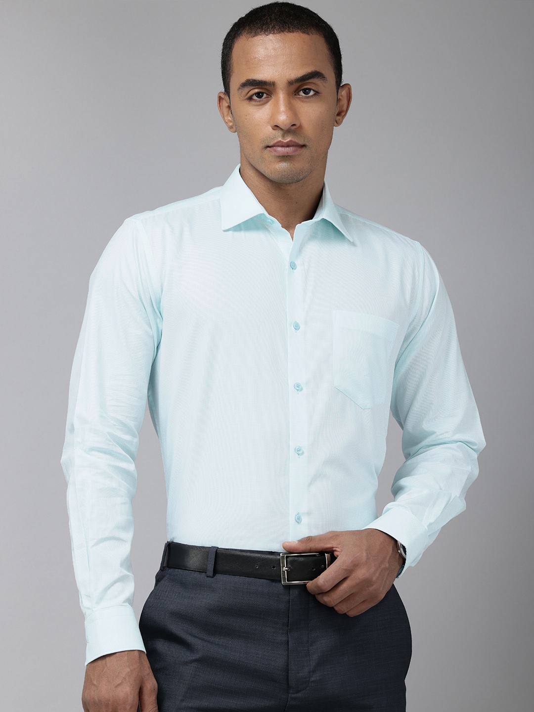 

Van Heusen Pure Cotton Self Design Custom Fit Textured Formal Shirt, Blue