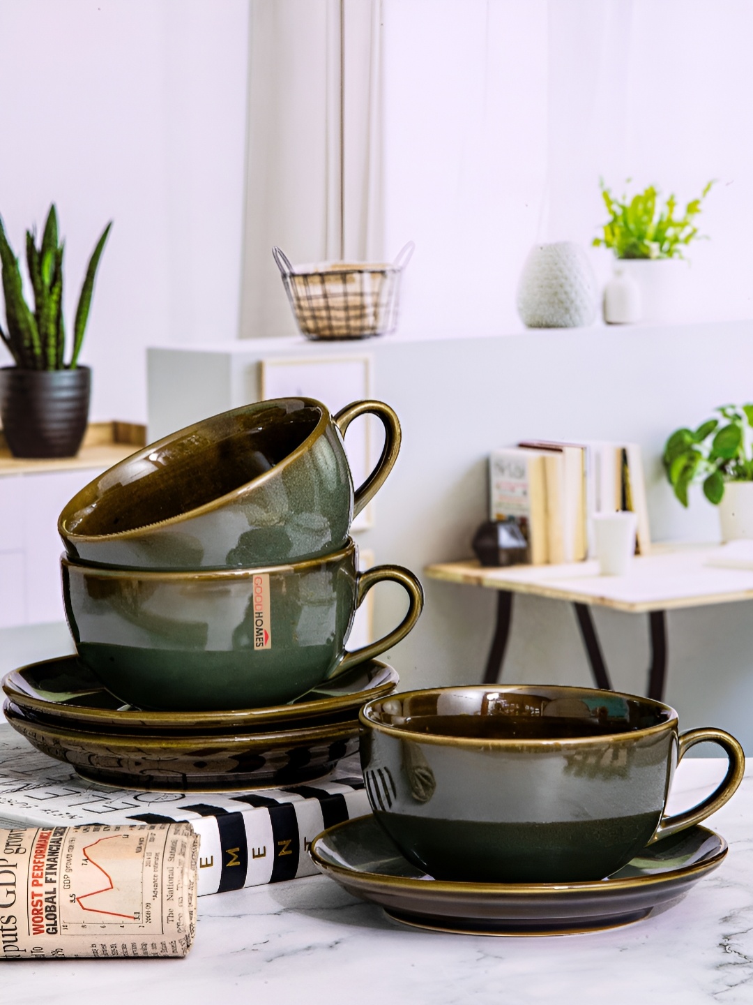 

Aura Green Floral Printed Ceramic Glossy Cups Set of Cups and Mugs