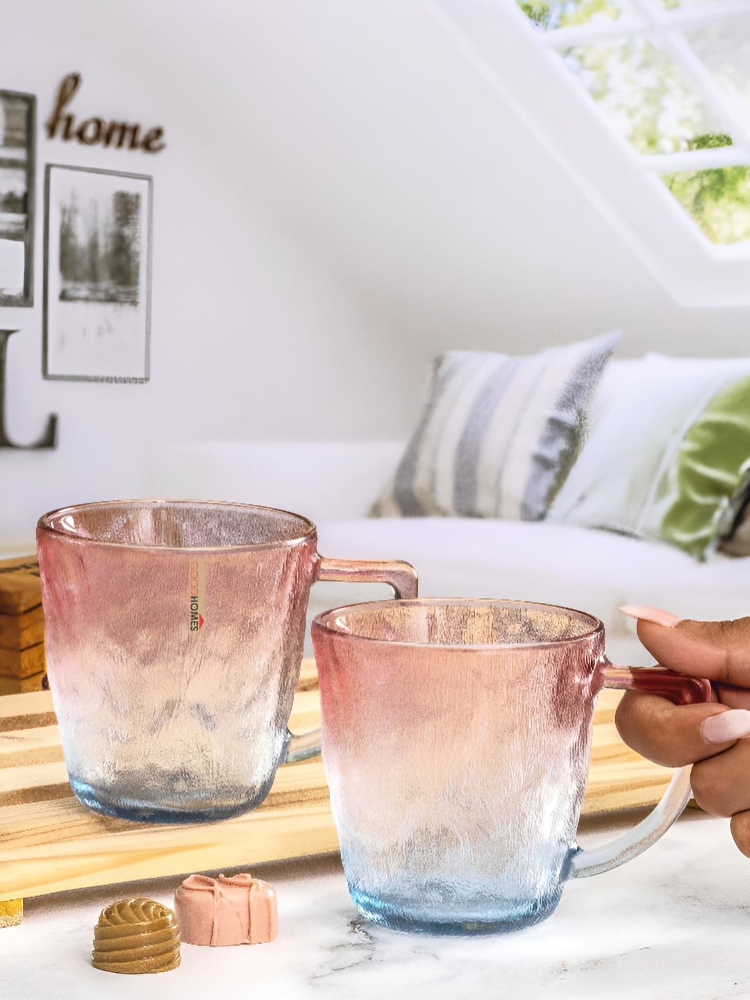 Aura Blue & Pink 2 Pieces Textured Glass Glossy Mugs 260 ml Each