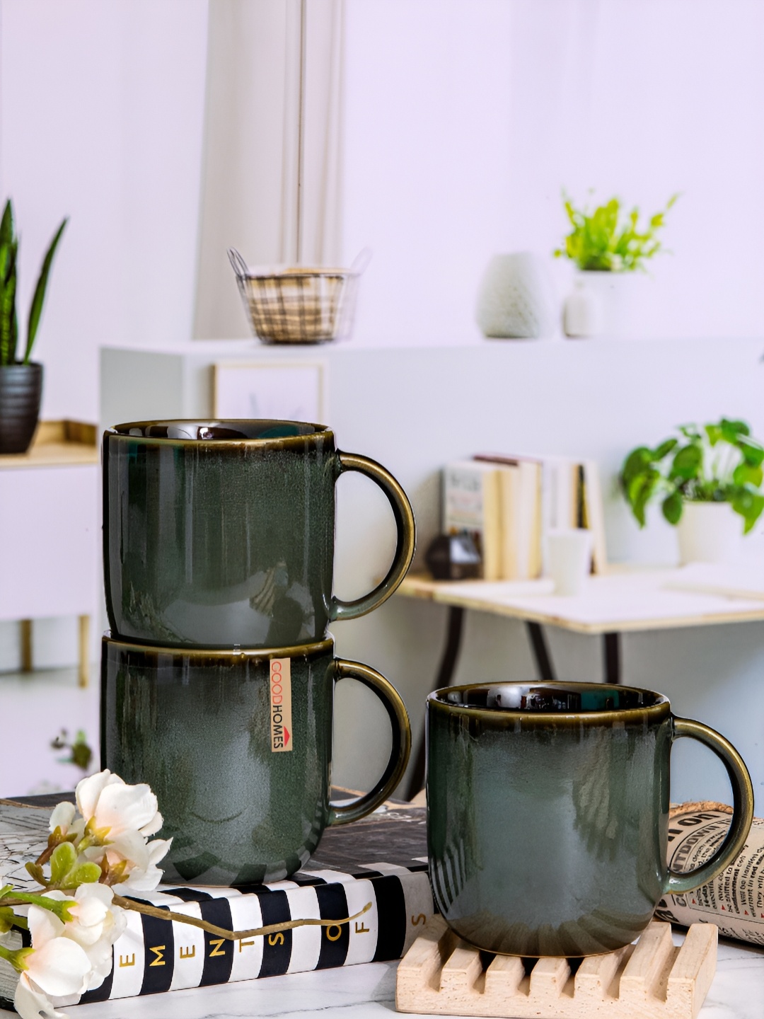 

Aura Green & Brown 6Pcs Printed Ceramic Glossy Dishwasher Safe Mugs 200 ml Each
