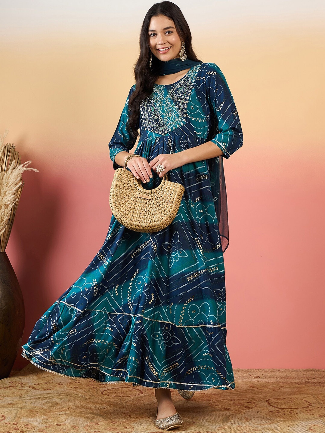 

KALINI Bandhani Printed Embroidered Regular Anarkali Kurta With Palazzos & Dupatta, Navy blue