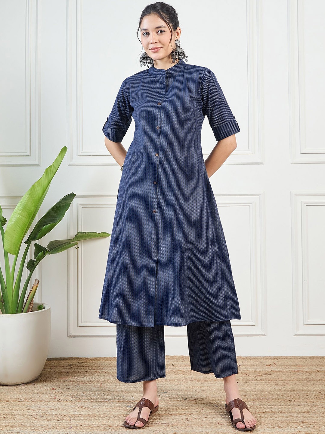 

KALINI Striped Regular Pure Cotton Kurta with Palazzo & Dupatta, Navy blue