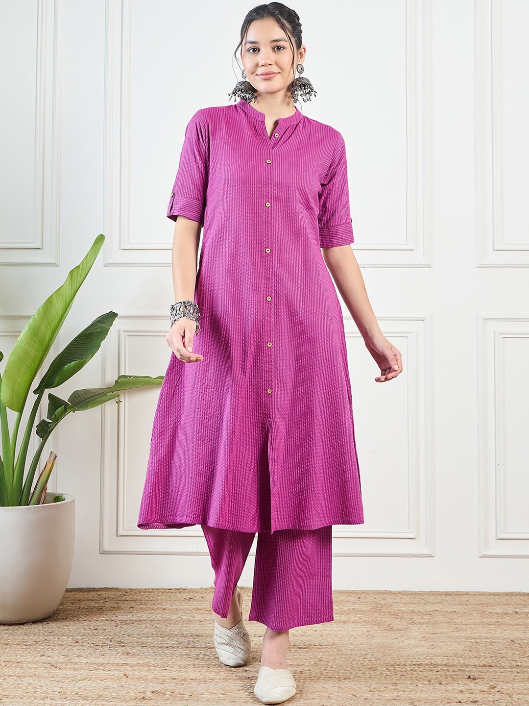 

KALINI Striped Regular Pure Cotton Kurta with Palazzo, Pink