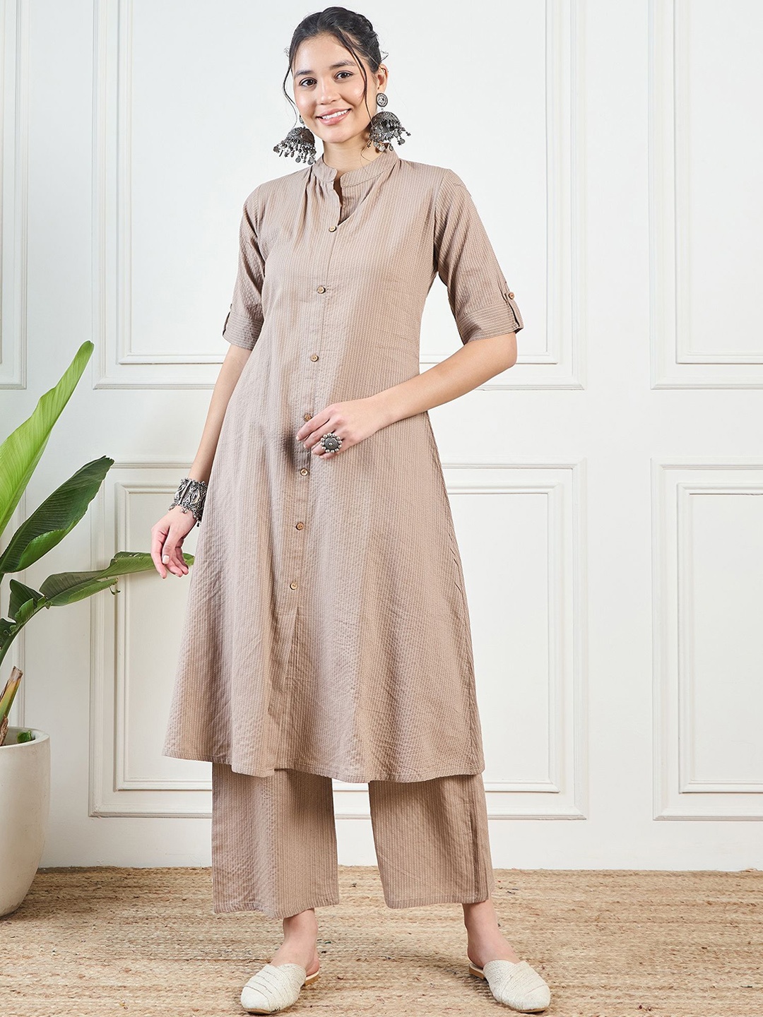 

KALINI Striped Thread Work Regular Pure Cotton A-line Kurta With Palazzos & Dupatta, Grey