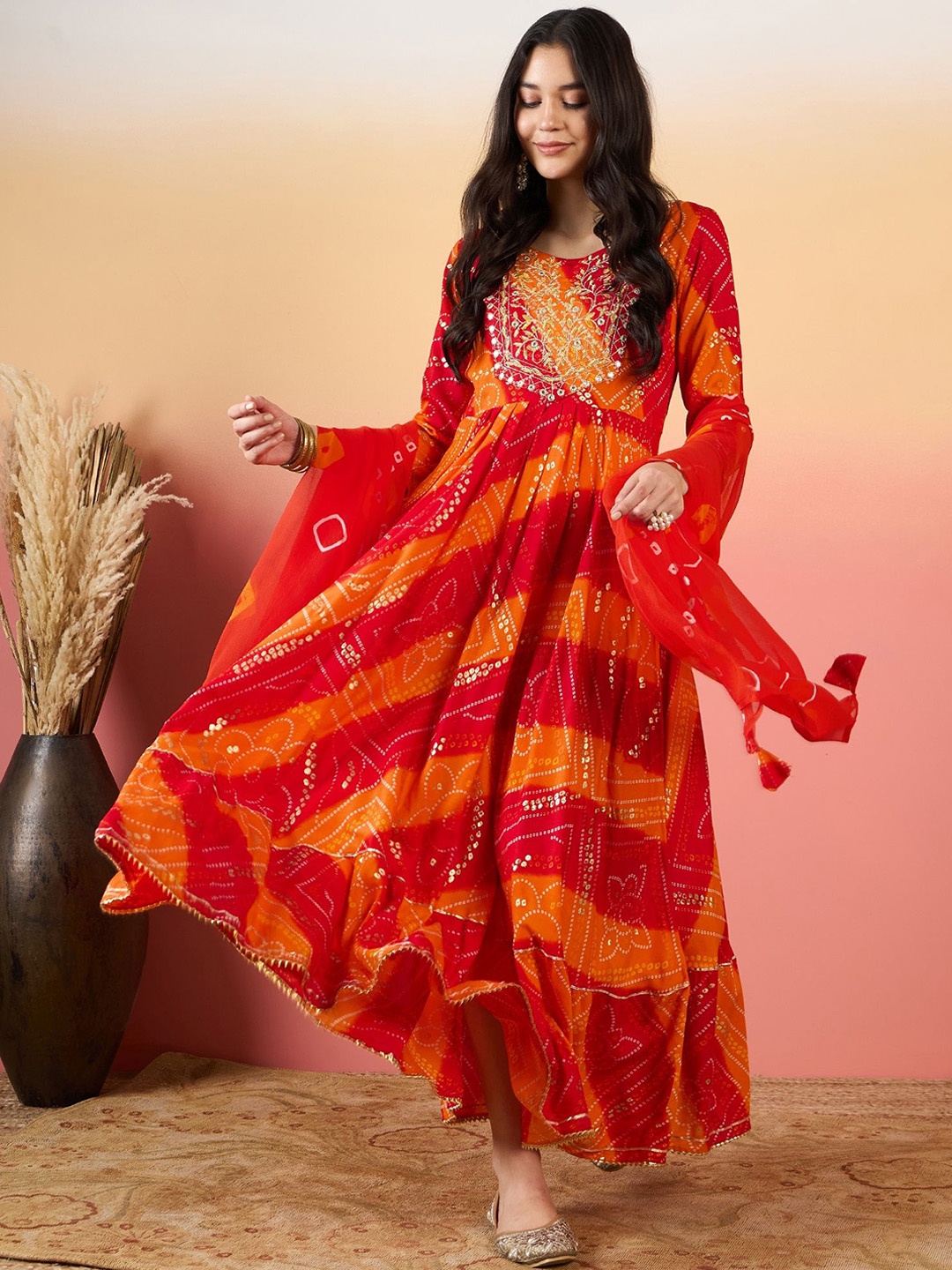 

KALINI Floral Embroidered Regular Thread Work Kurta with Palazzos & With Dupatta, Orange