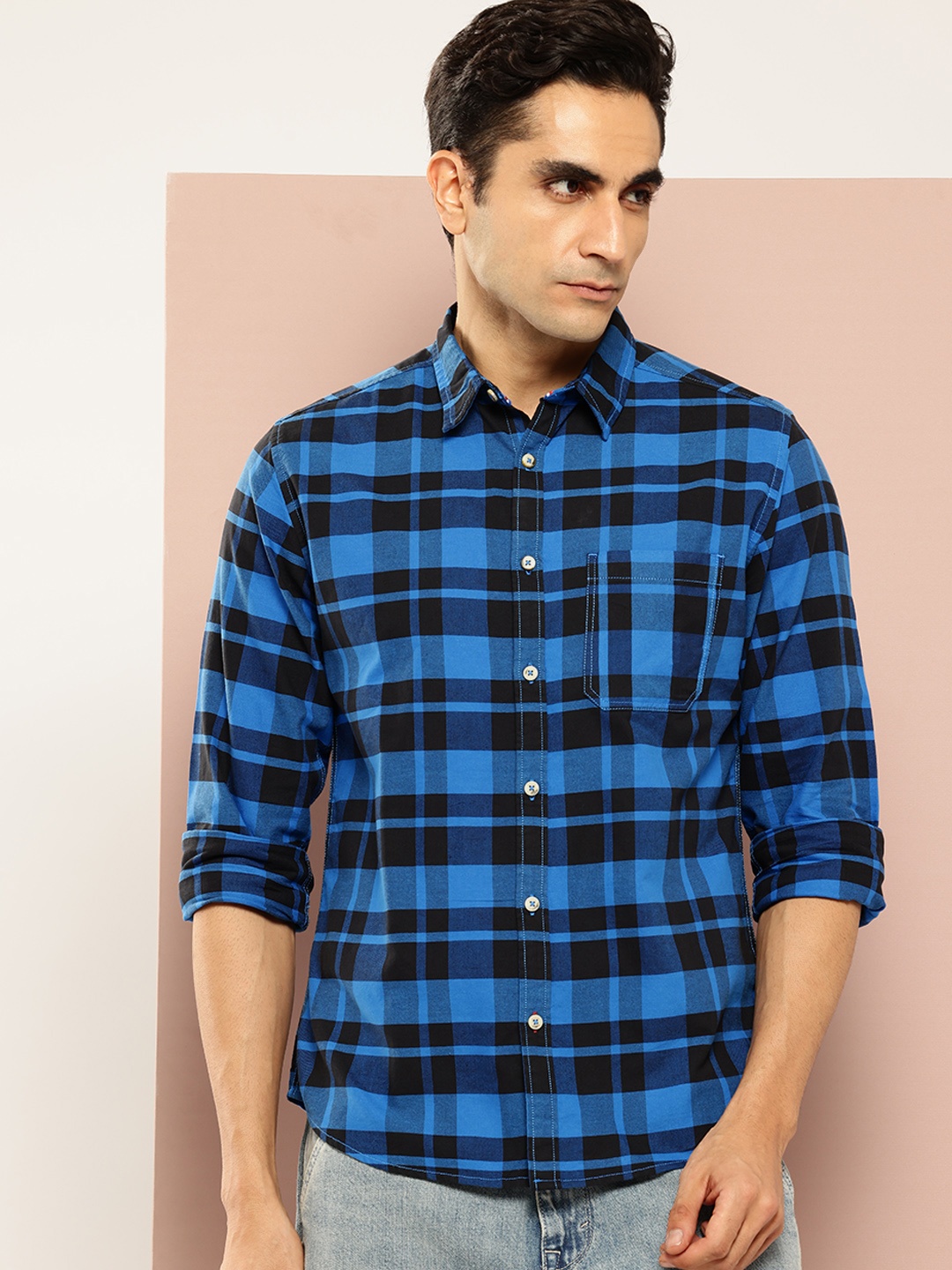

Harvard Men Tartan Checks Oxford Checked Casual Shirt, Blue