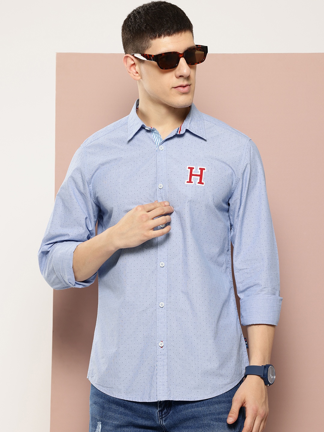 

Harvard Spread Collar Printed Casual Shirt, Blue