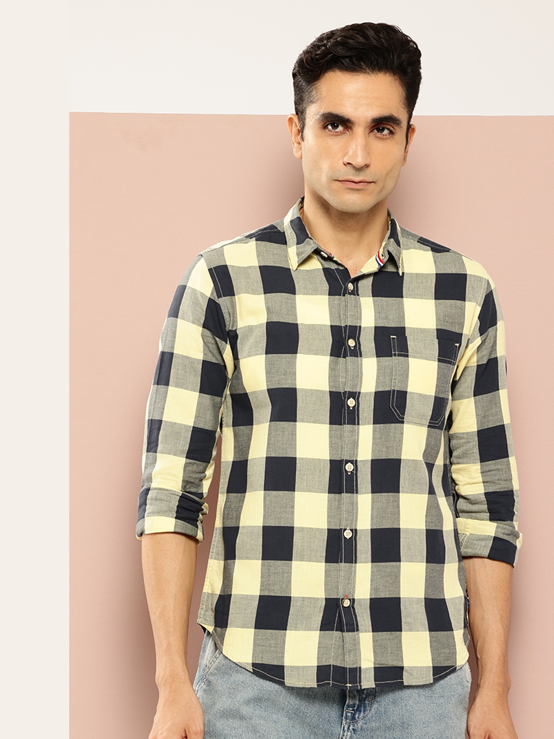 

Harvard Men Gingham Checks Opaque Checked Casual Shirt, Yellow