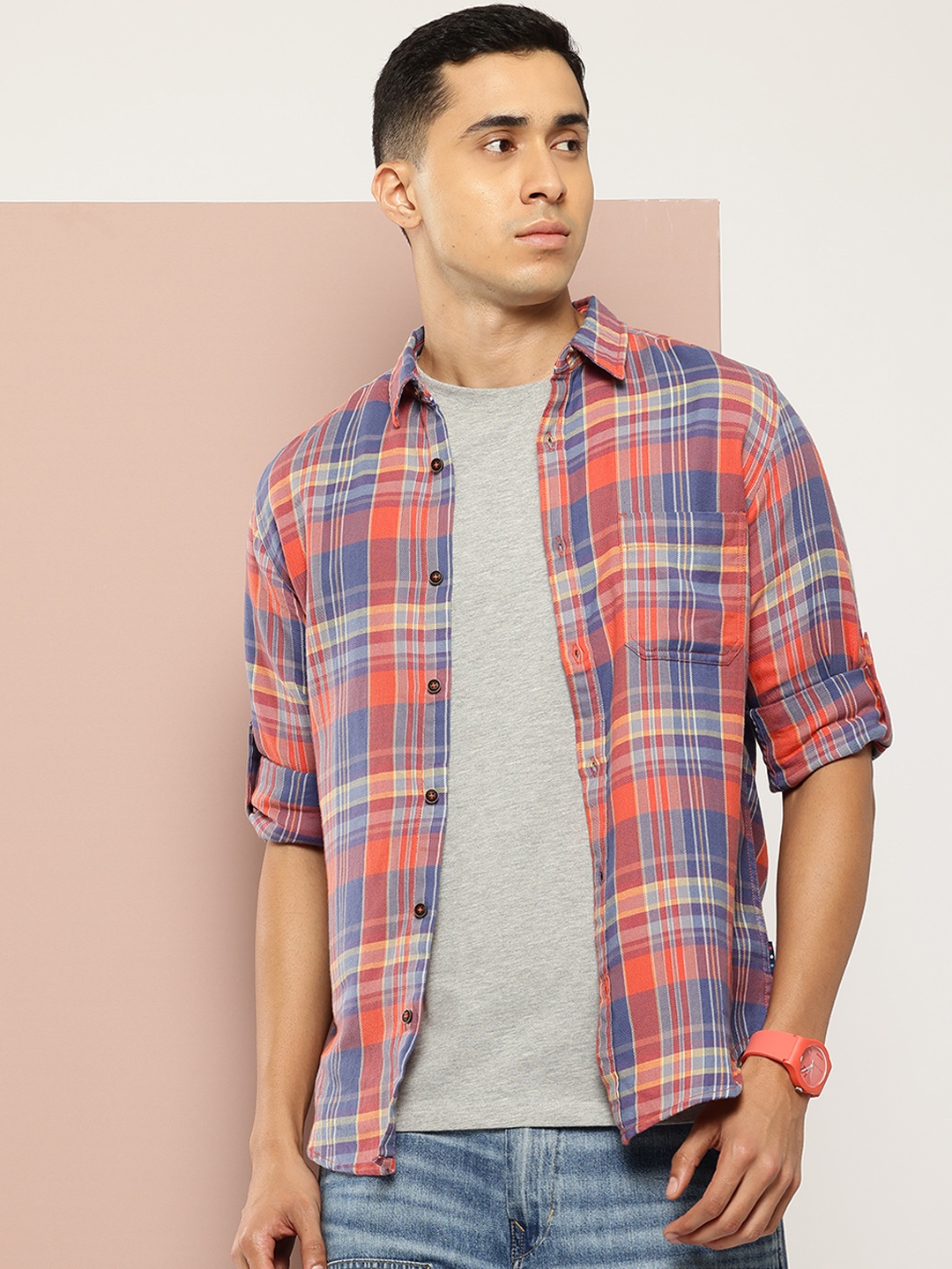 

Harvard Tartan Checks Pure Cotton Casual Shirt, Coral