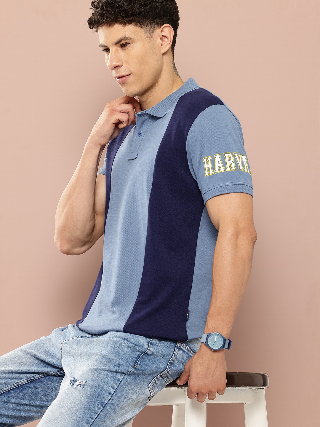 

Harvard Striped Polo Collar Pure Cotton T-shirt, Blue