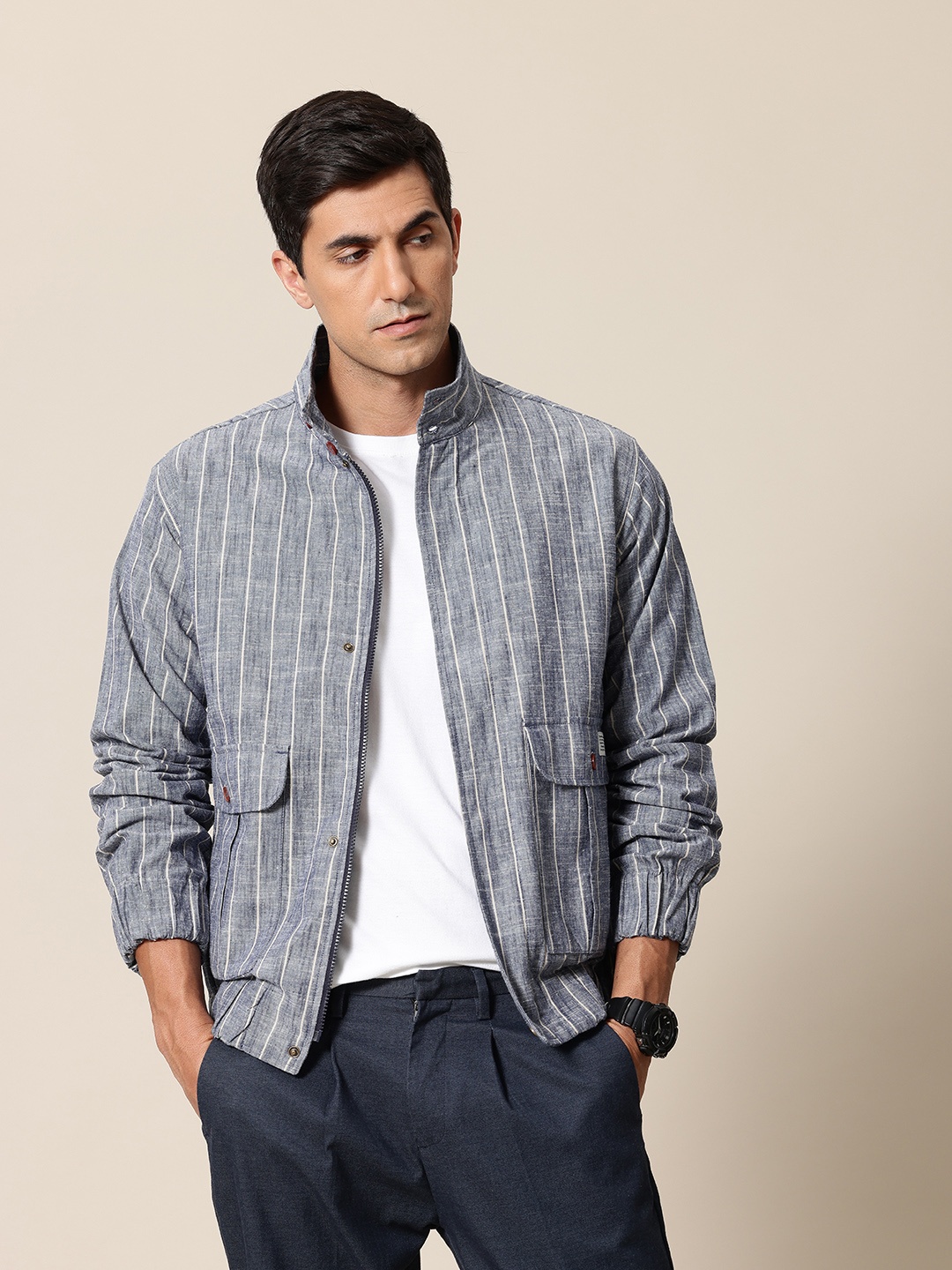 

Mr Bowerbird Stand Collar Striped Bomber Jacket, Blue