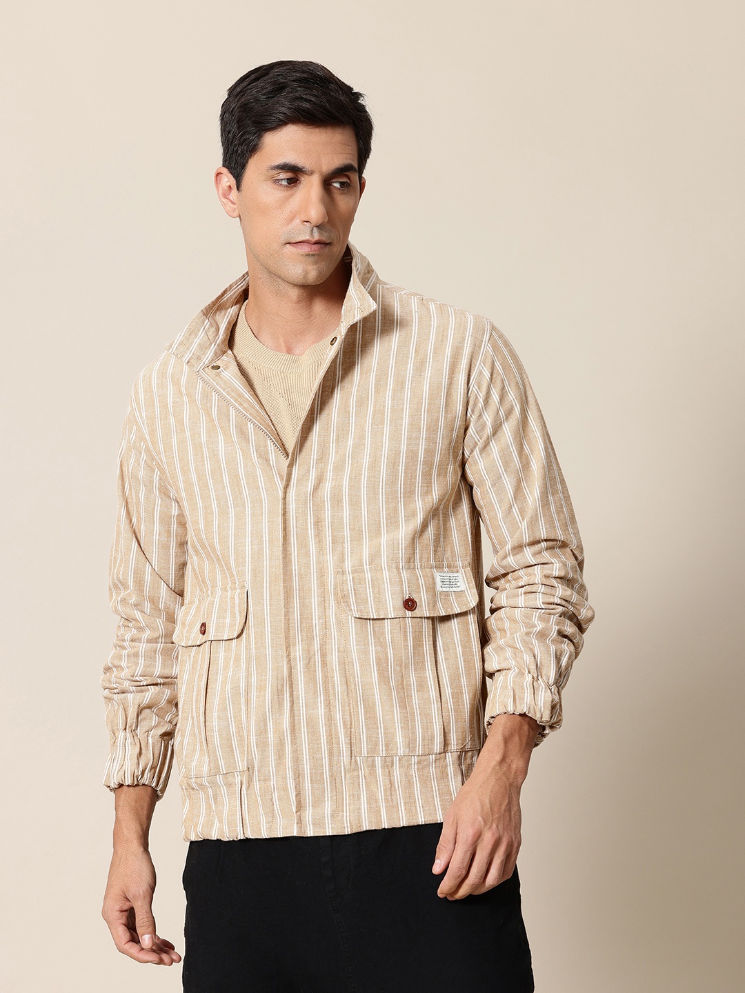 

Mr Bowerbird Stand Collar Striped Bomber Jacket, Camel brown