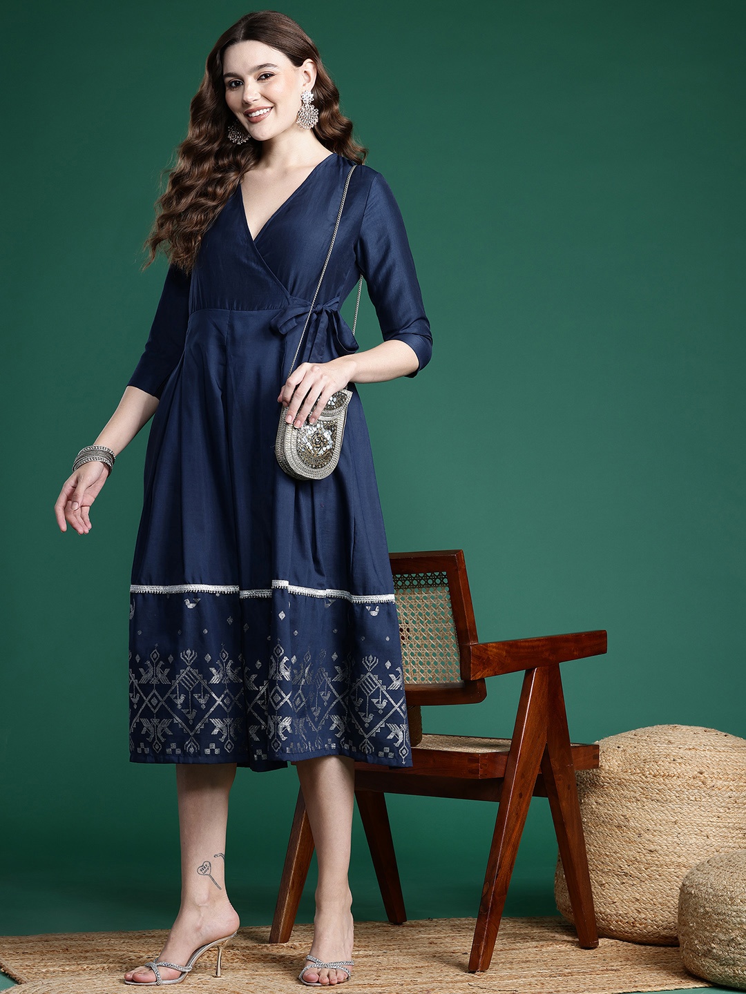 

Sangria Ethnic Motifs Printed A-Line Midi Dress, Navy blue