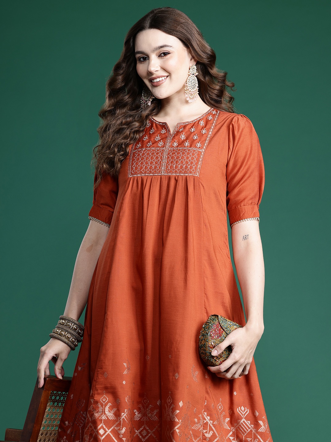 

Sangria Geometric Print Embroidered Yoke Gota Detailed A-Line Kurta, Rust