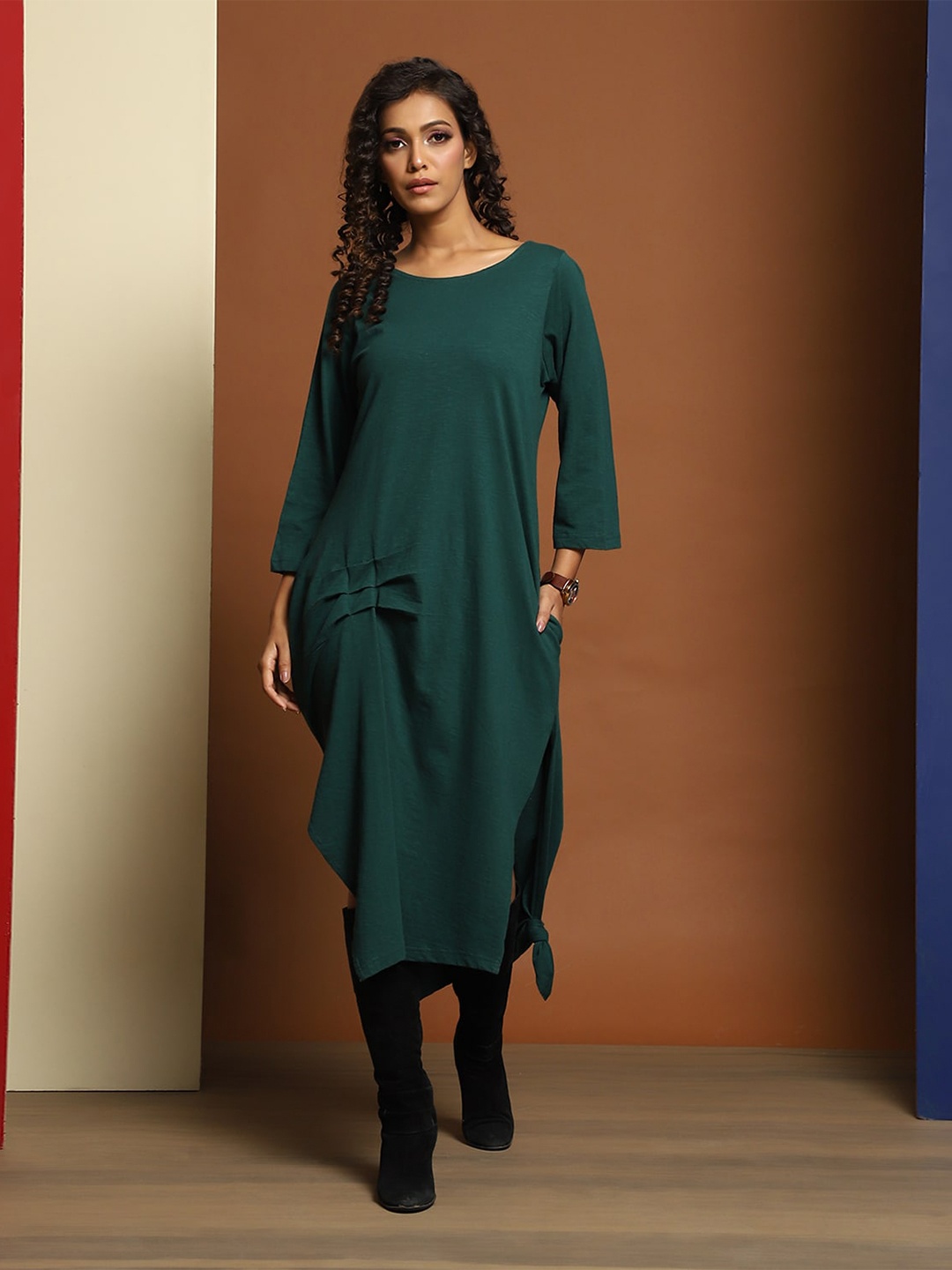 

Baawri Round Neck Long Sleeves Cotton A-Line Midi Dress, Green