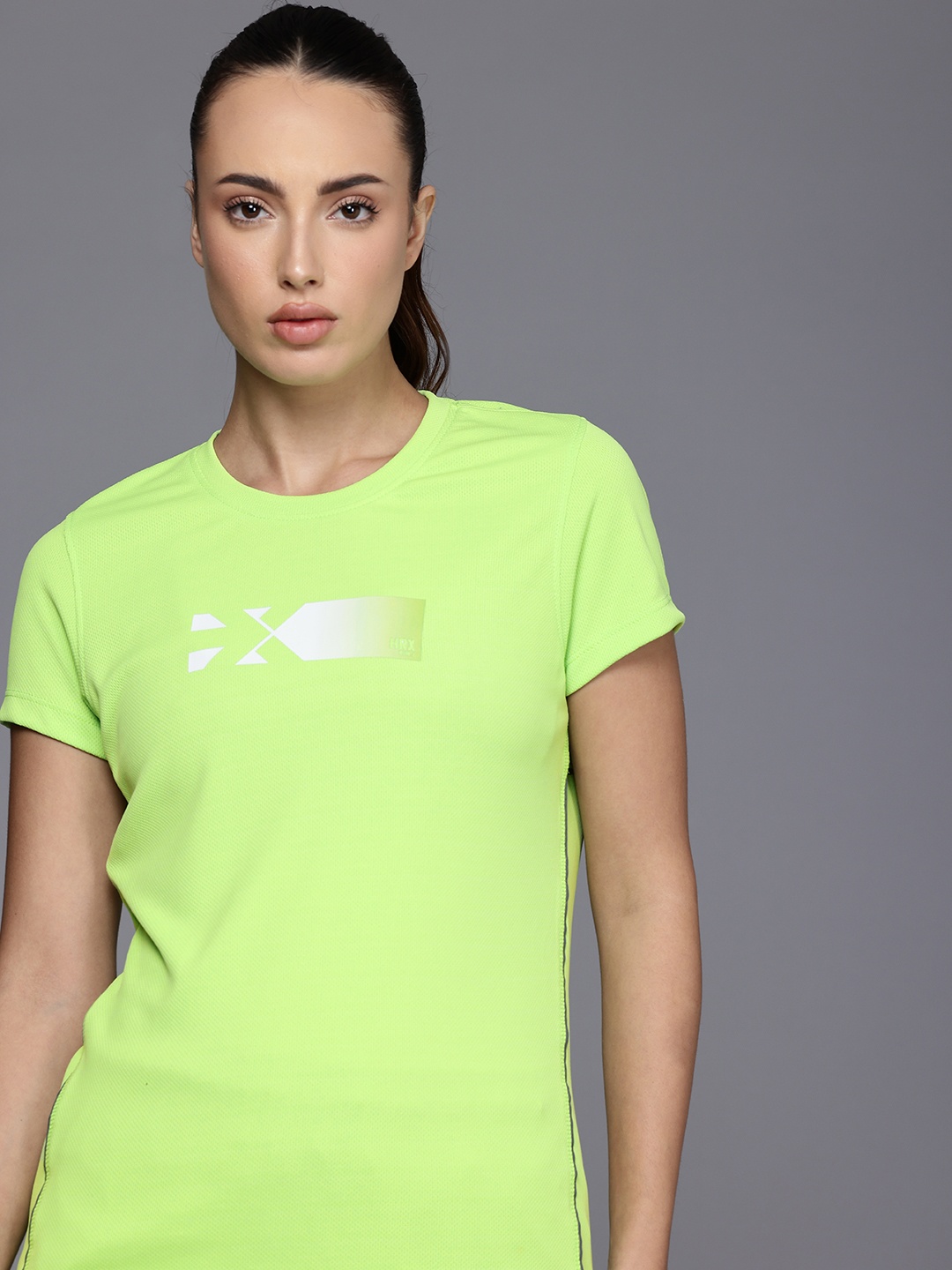 

HRX by Hrithik Roshan Brand Logo Printed Rapid-Dry Anti-Microbial Finish Running T-shirt, Fluorescent green