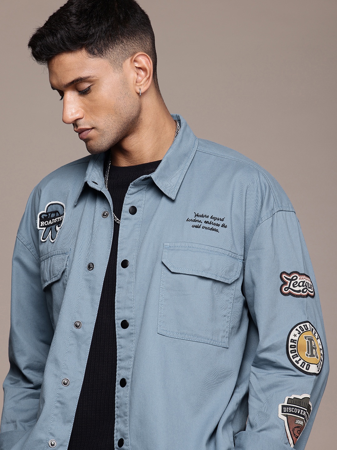 

The Roadster Life Co. Pure Cotton Applique Detailed Relaxed Fit Tailored Jacket, Blue