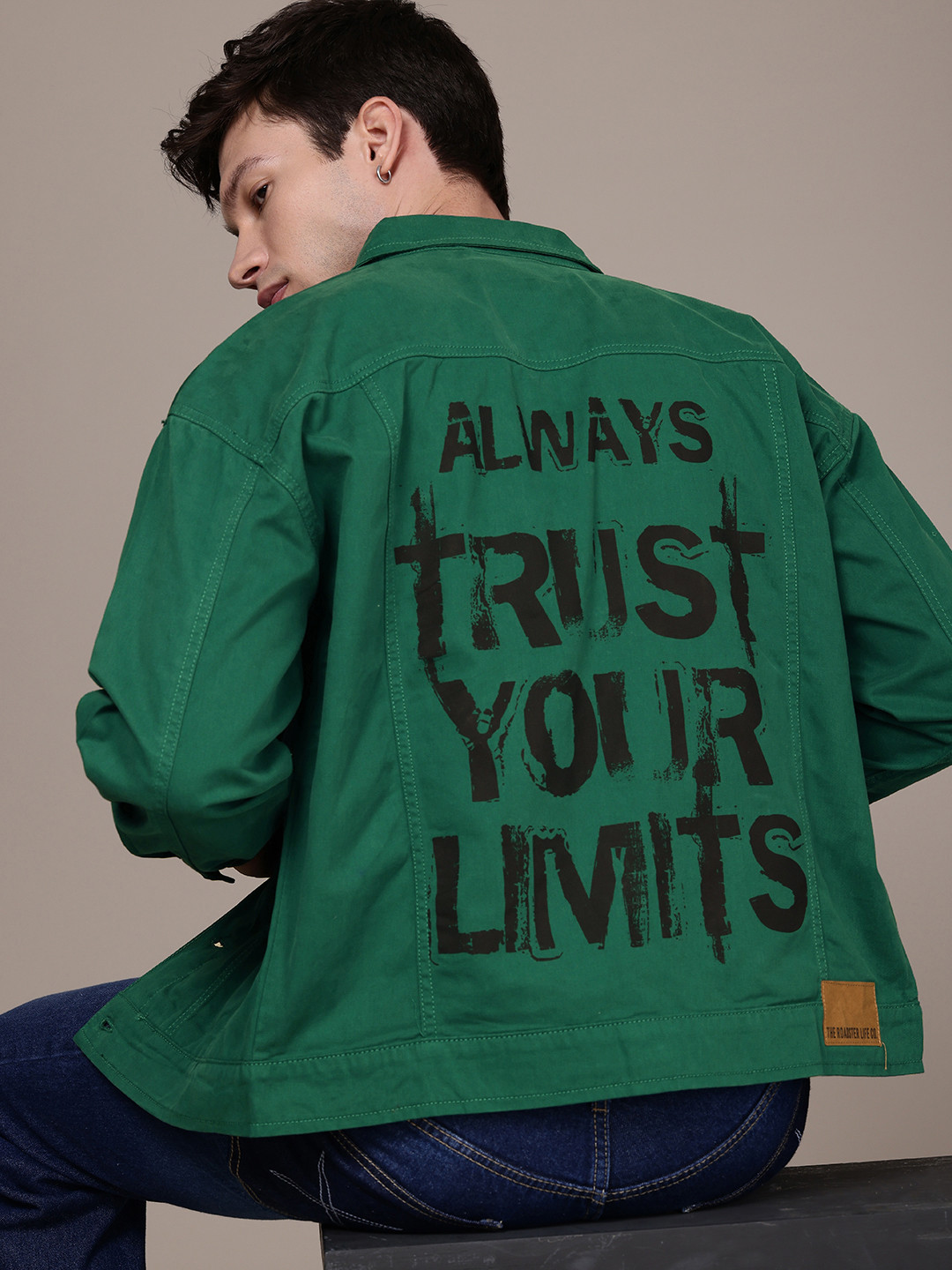 

The Roadster Life Co. Pure Cotton Relaxed Fit Typography Printed Denim Jacket, Green