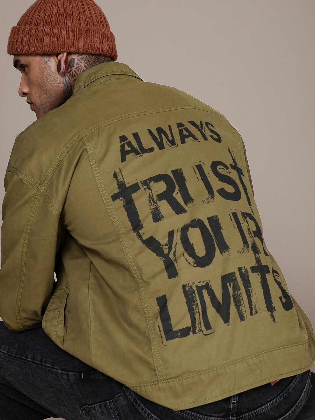 

The Roadster Life Co. Typography Printed Pure Cotton Denim Jacket, Olive