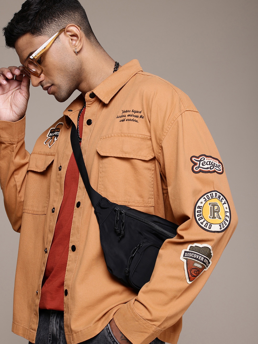 

The Roadster Life Co. Pure Cotton Embroidered Applique Relaxed Fit Tailored Jacket, Camel brown