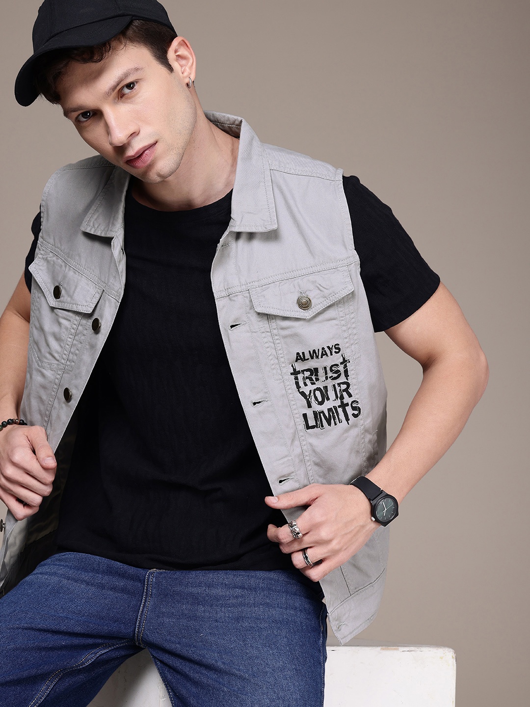 

The Roadster Life Co. Pure Cotton Typography Printed Sleeveless Denim Jacket, Grey