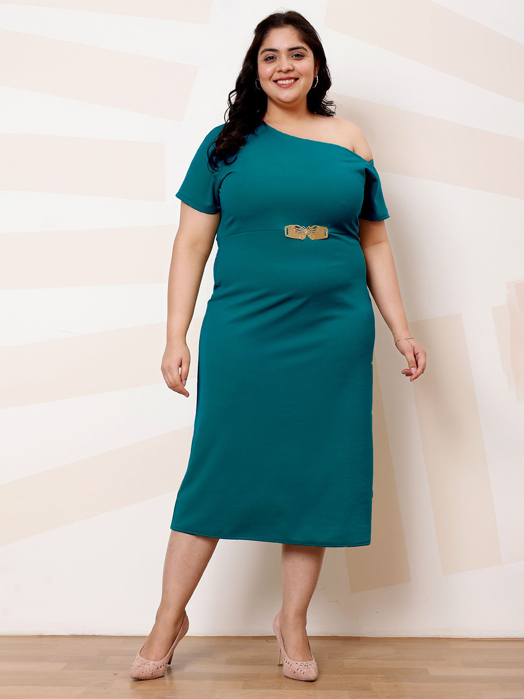 

Athena Ample Scuba Plus Size One Shoulder A-Line Midi Dress, Green