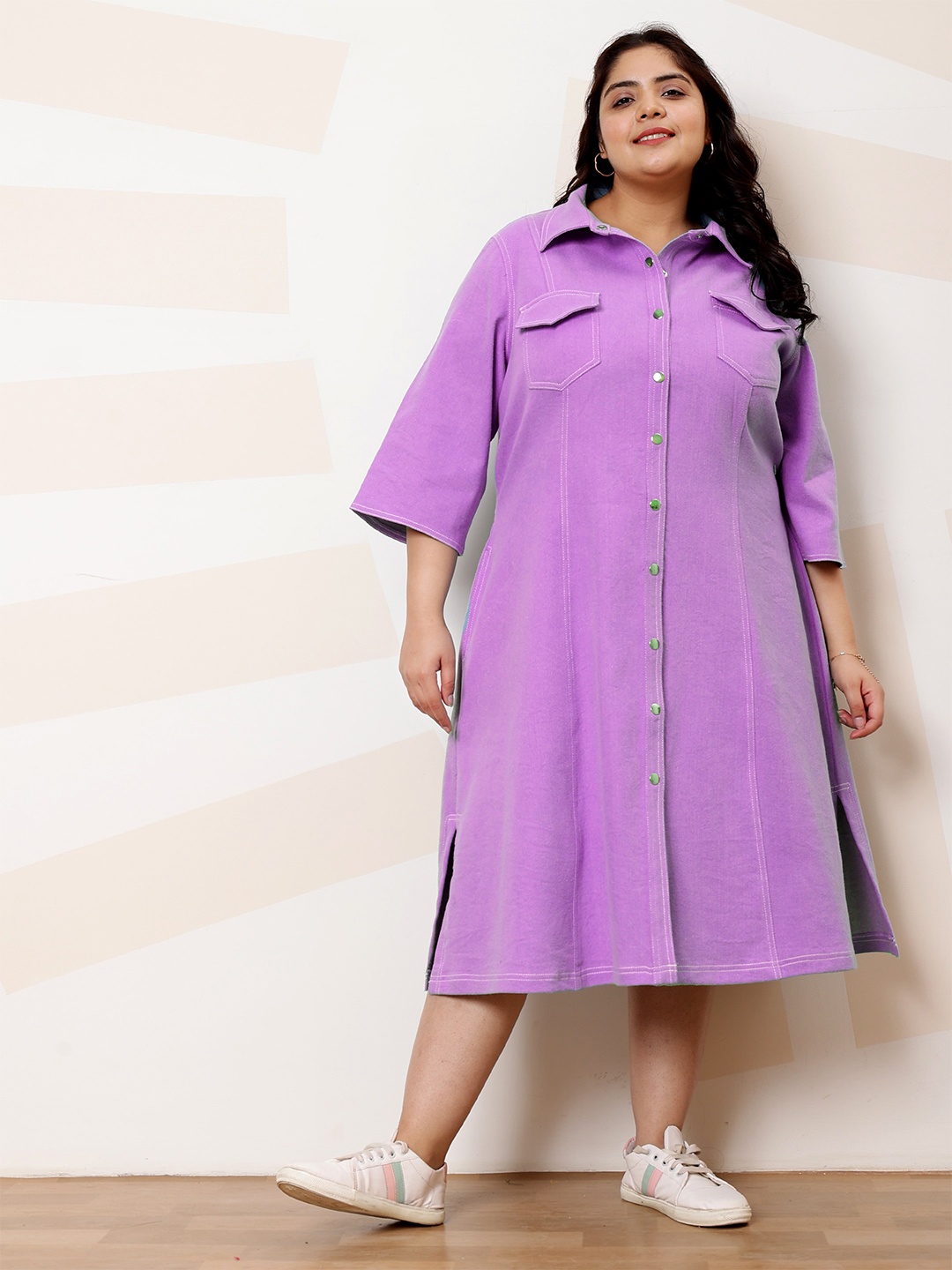 

Athena Ample Spread Collar Flared Sleeves Shirt Midi Dress, Lavender