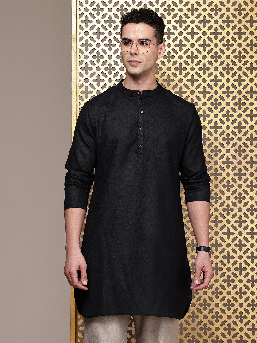 

House of Pataudi Band Collar Rozana Kurtas, Black