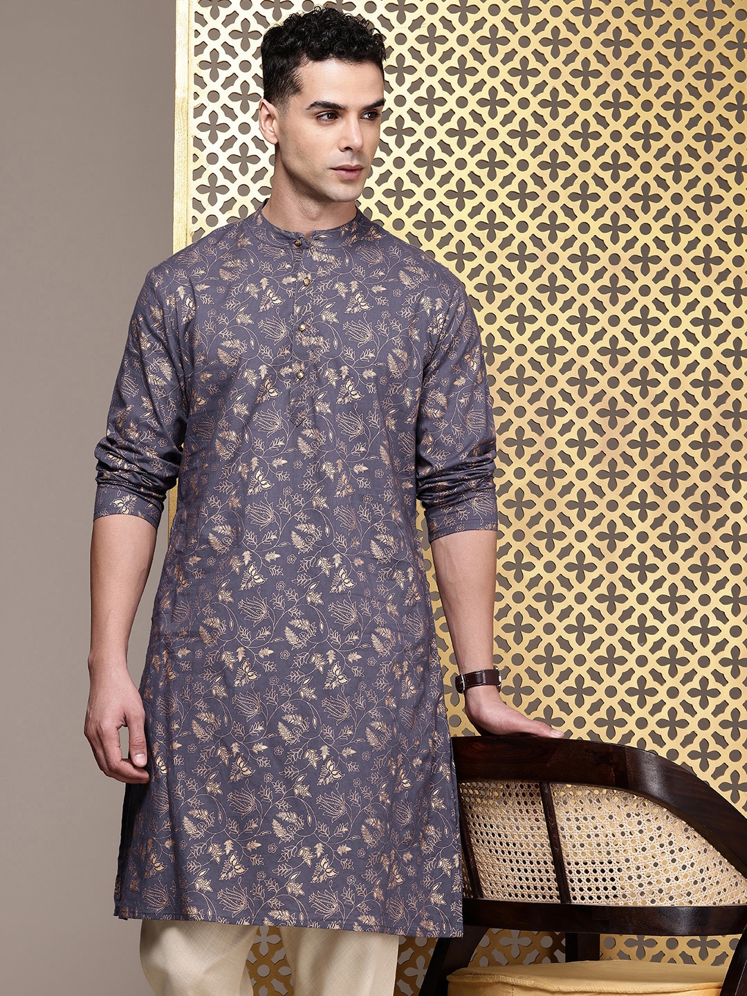 

House of Pataudi Rozana Ethnic Motifs Printed Indie Florals Pure Cotton Kurta, Blue