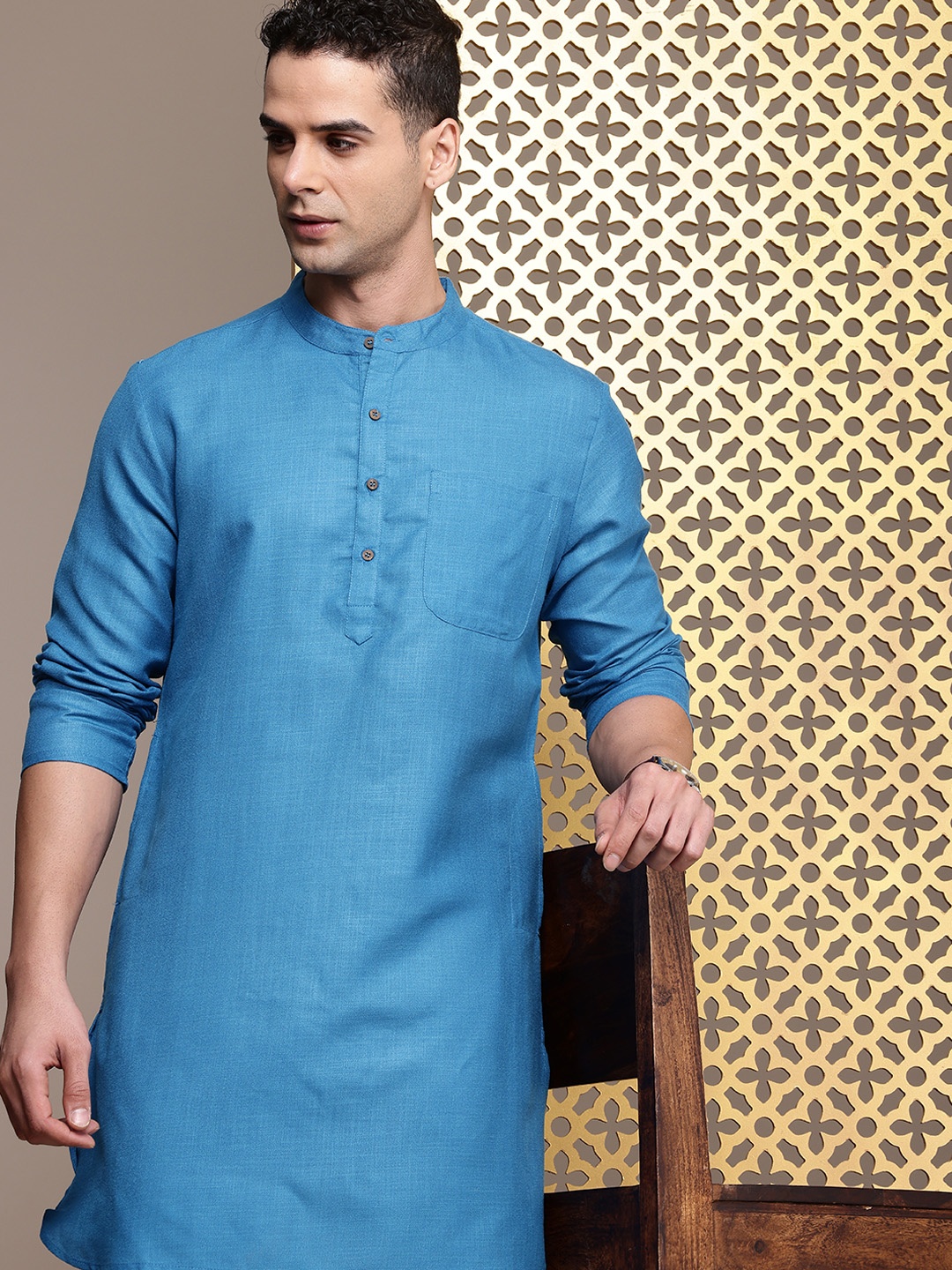 

House of Pataudi Band Collar Rozana Kurta, Blue