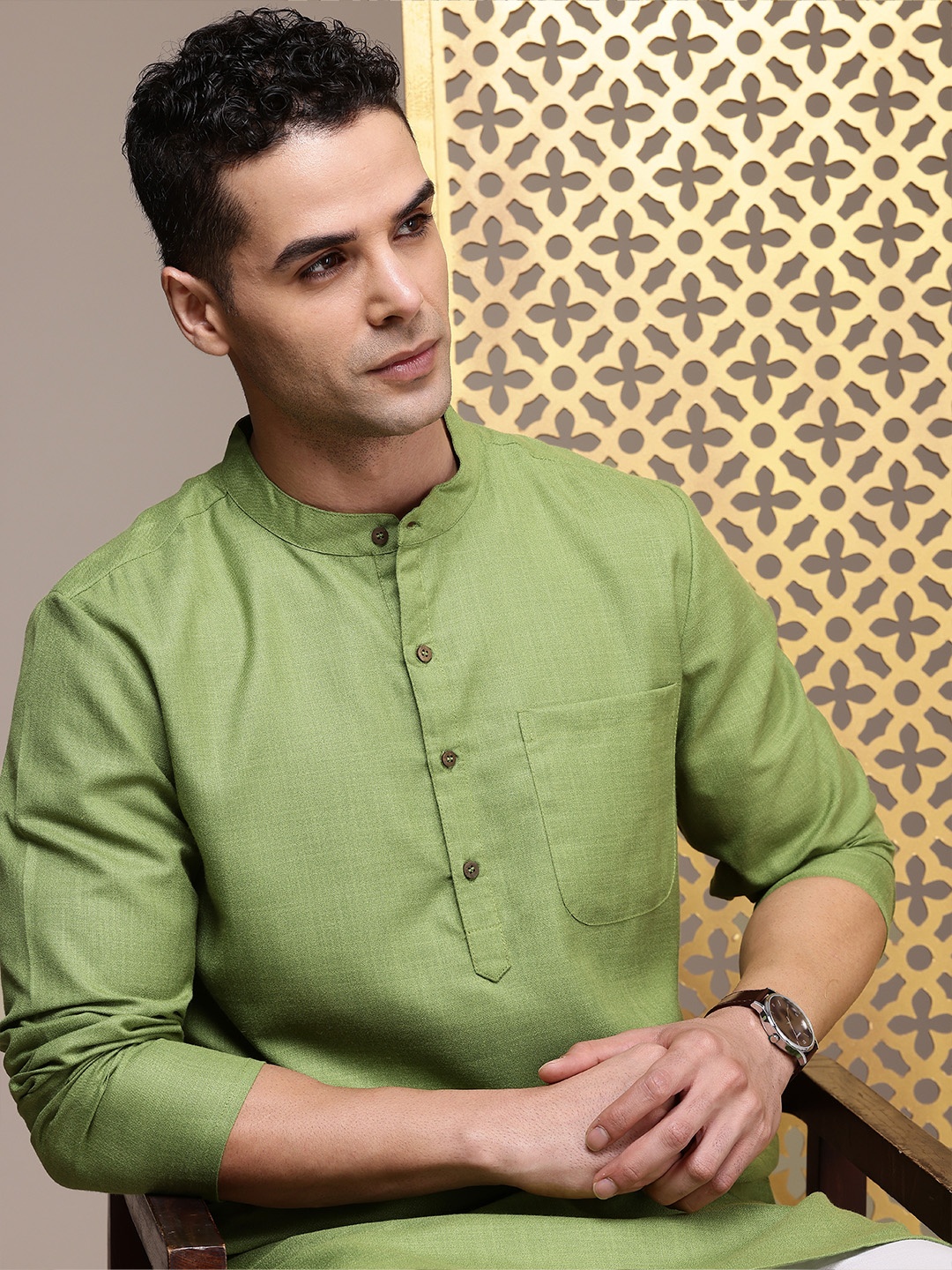 

House of Pataudi Band Collar Rozana Kurta, Green