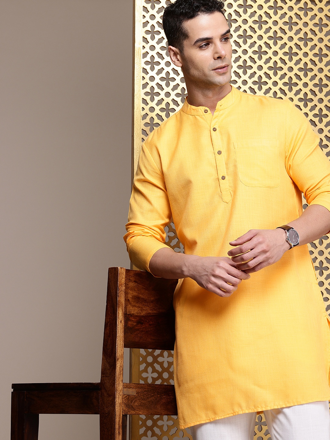 

House of Pataudi Band Collar Rozana Kurta, Yellow