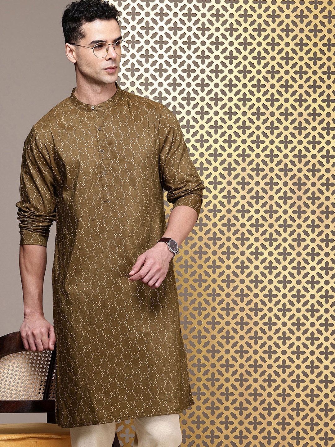 

House of Pataudi Rozana Ethnic Motifs Printed Kurta, Olive