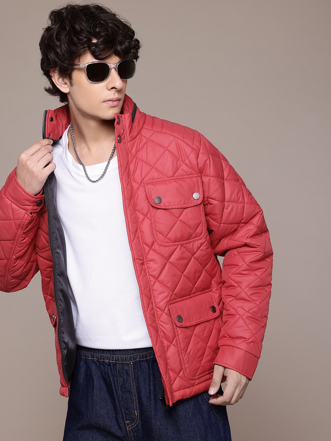 

The Roadster Lifestyle Co. Solid Mock Collar Quilted Jacket, Red