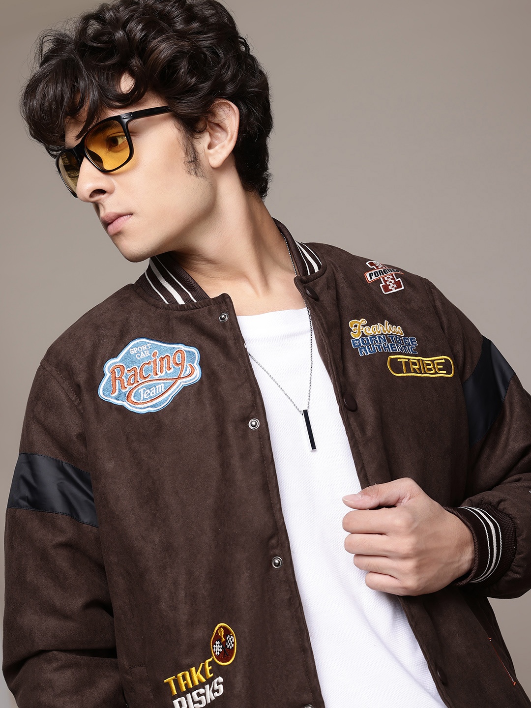 

The Roadster Lifestyle Co. Men Applique Bomber Jacket, Brown
