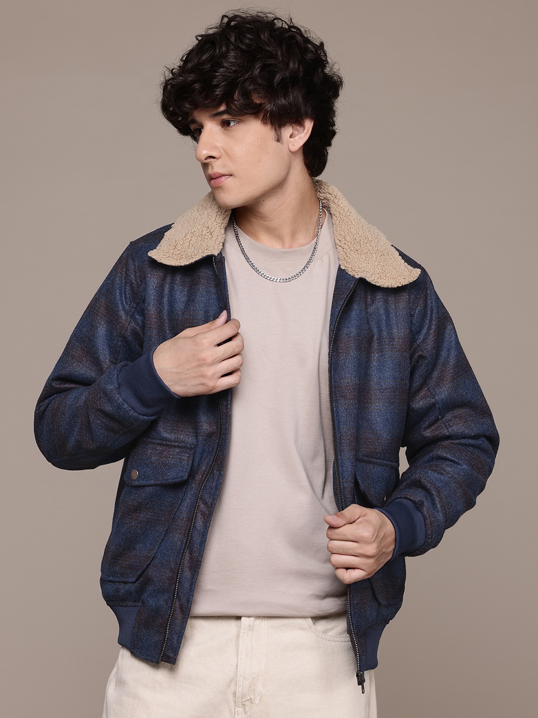 

The Roadster Lifestyle Co. Checked Bomber Jacket, Blue