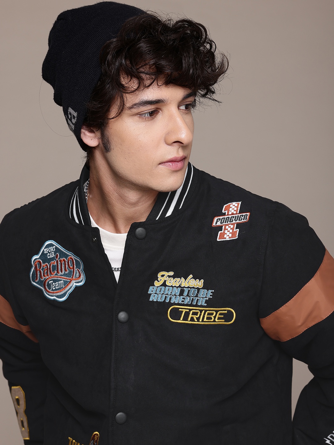 

The Roadster Lifestyle Co. Typography Varsity Jacket, Black