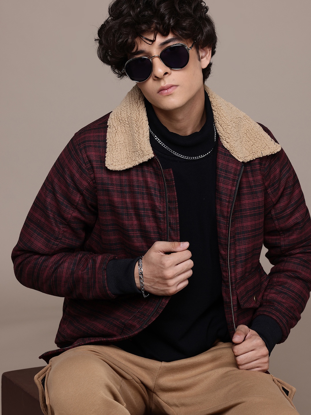 

The Roadster Lifestyle Co. Checked Bomber Jacket, Maroon