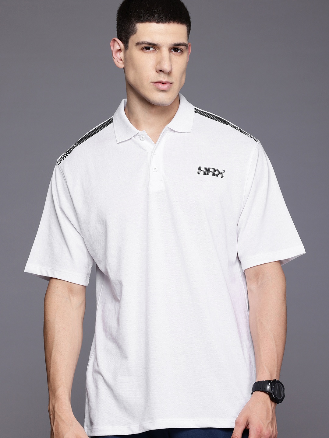 

HRX by Hrithik Roshan Drop-Shoulder Sleeves Polo Collar T-shirt, White