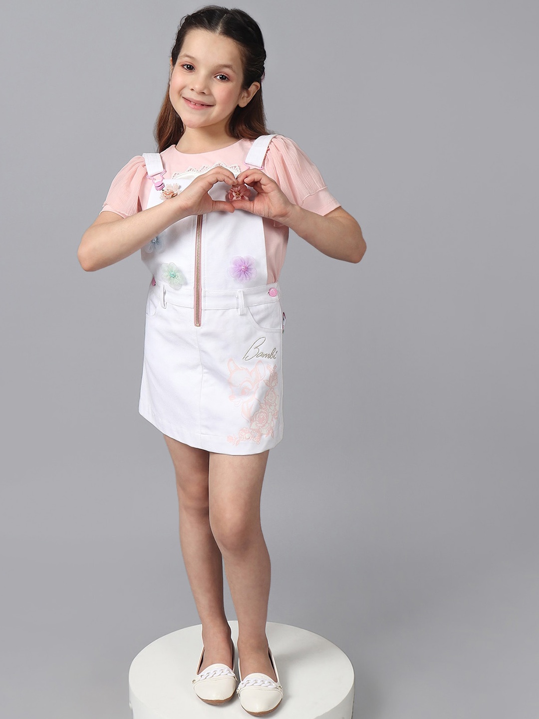 

One Friday Girls Floral Printed Pure Cotton Dungaree With Top, White