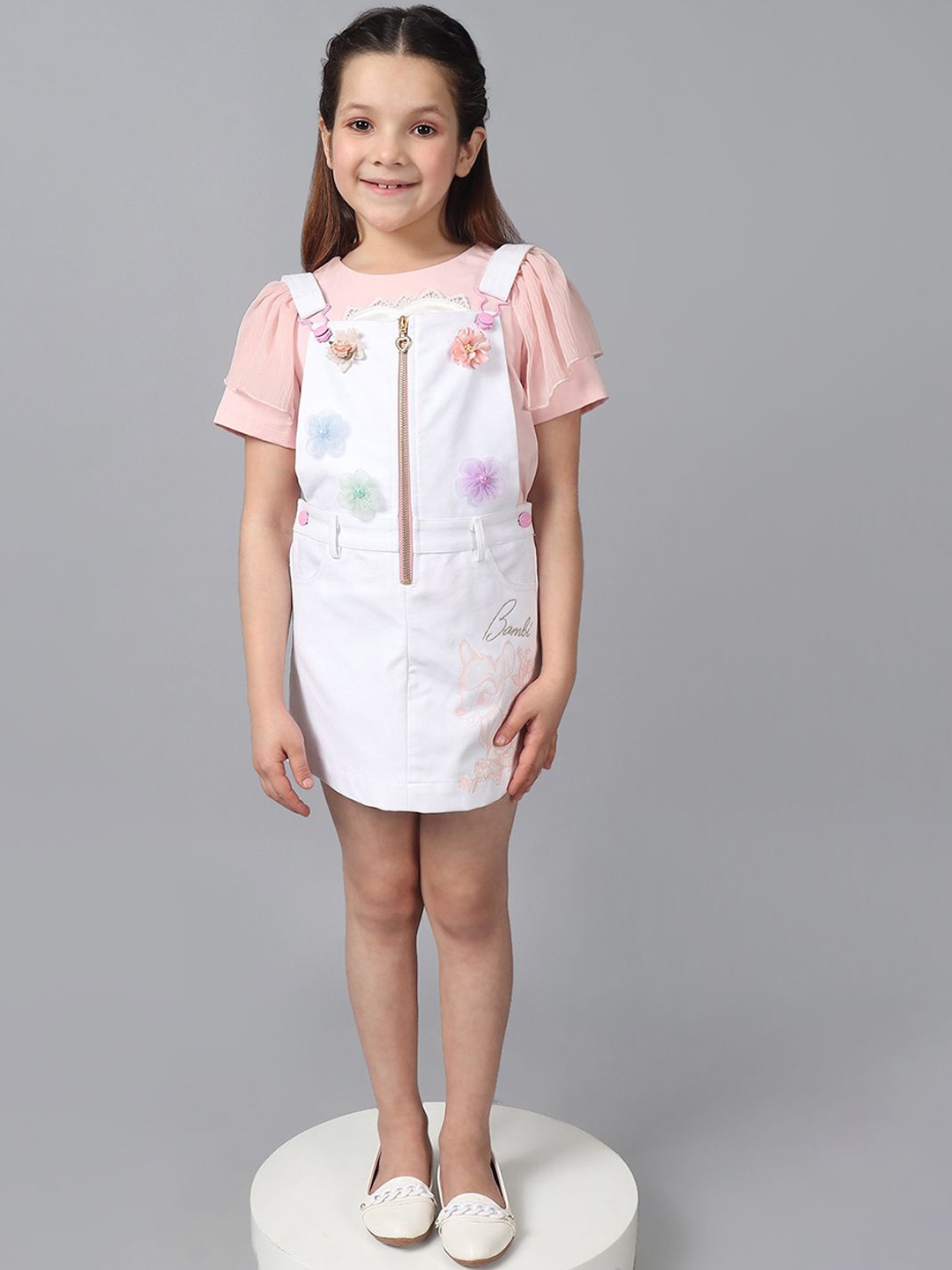 

One Friday Girls Floral Printed Pure Cotton Dungaree With Top, White