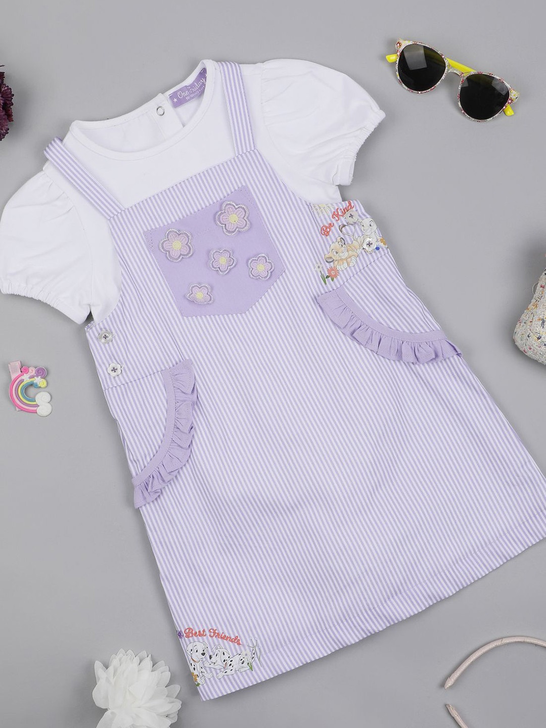 

One Friday Infants Girls Striped Pure Cotton Dungaree With Romper, Lavender