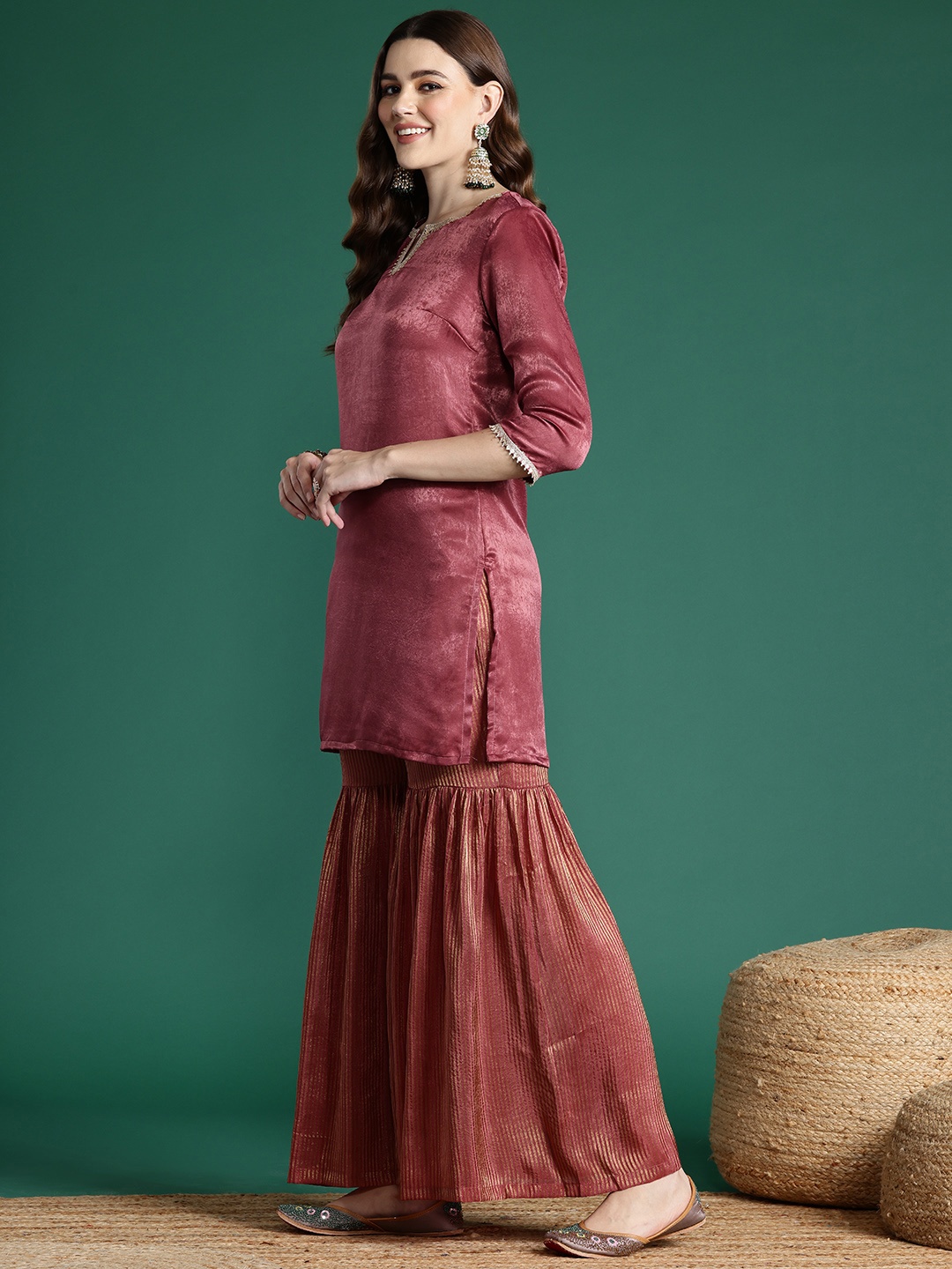 

Sangria Sheen Velvet Finish Kurta With Sharara & Dupatta, Brown