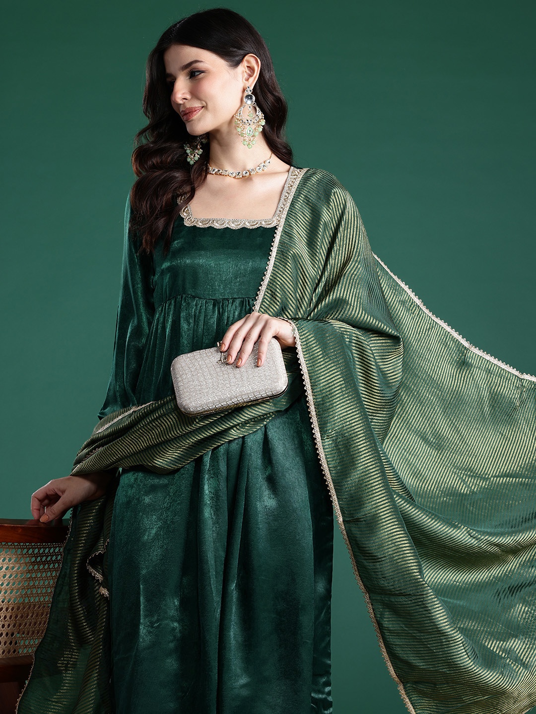 

Sangria Sequins Empire Kurta with Trousers & Dupatta, Green