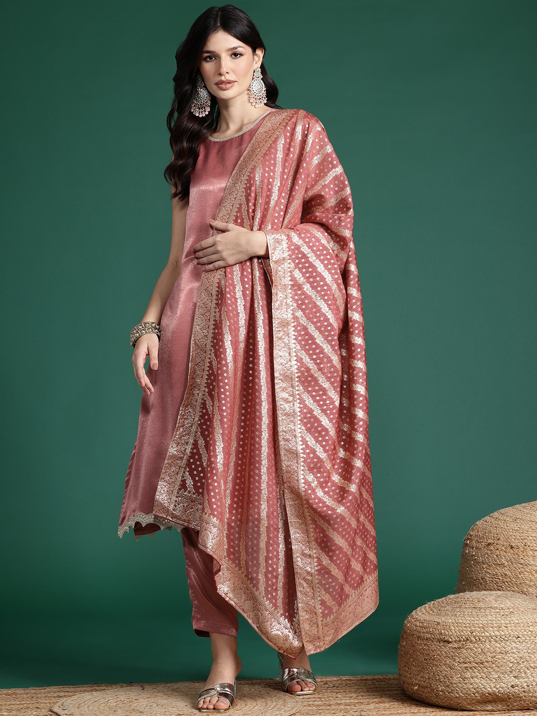

Sangria Printed Regular Gotta Patti Kurta with Trousers & With Dupatta, Rose