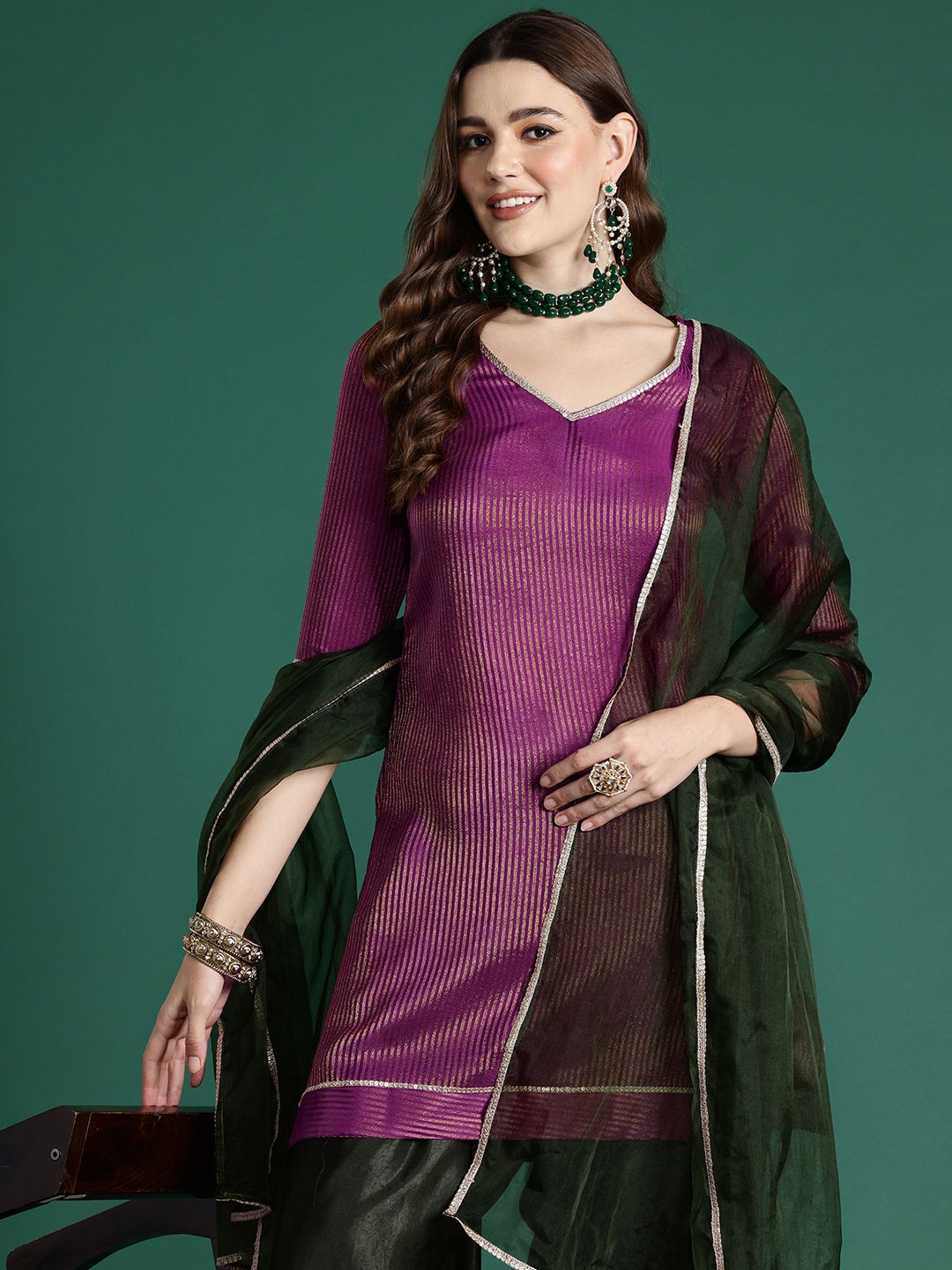 

Sangria Striped Kurta with Dhoti Pants & Dupatta, Purple