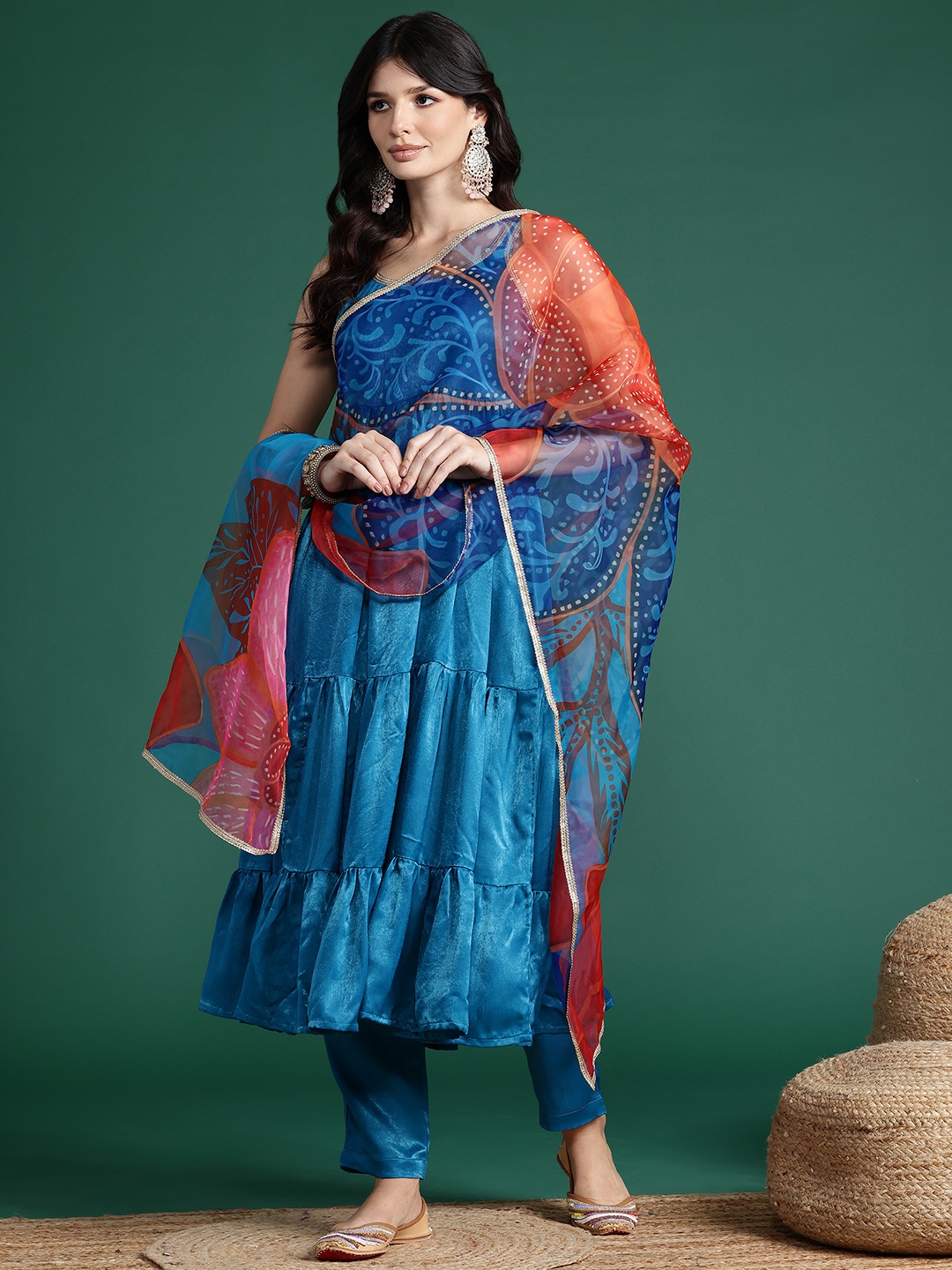 

Sangria Tiered Gotta Patti Velvet Kurta with Trousers & With Dupatta, Blue