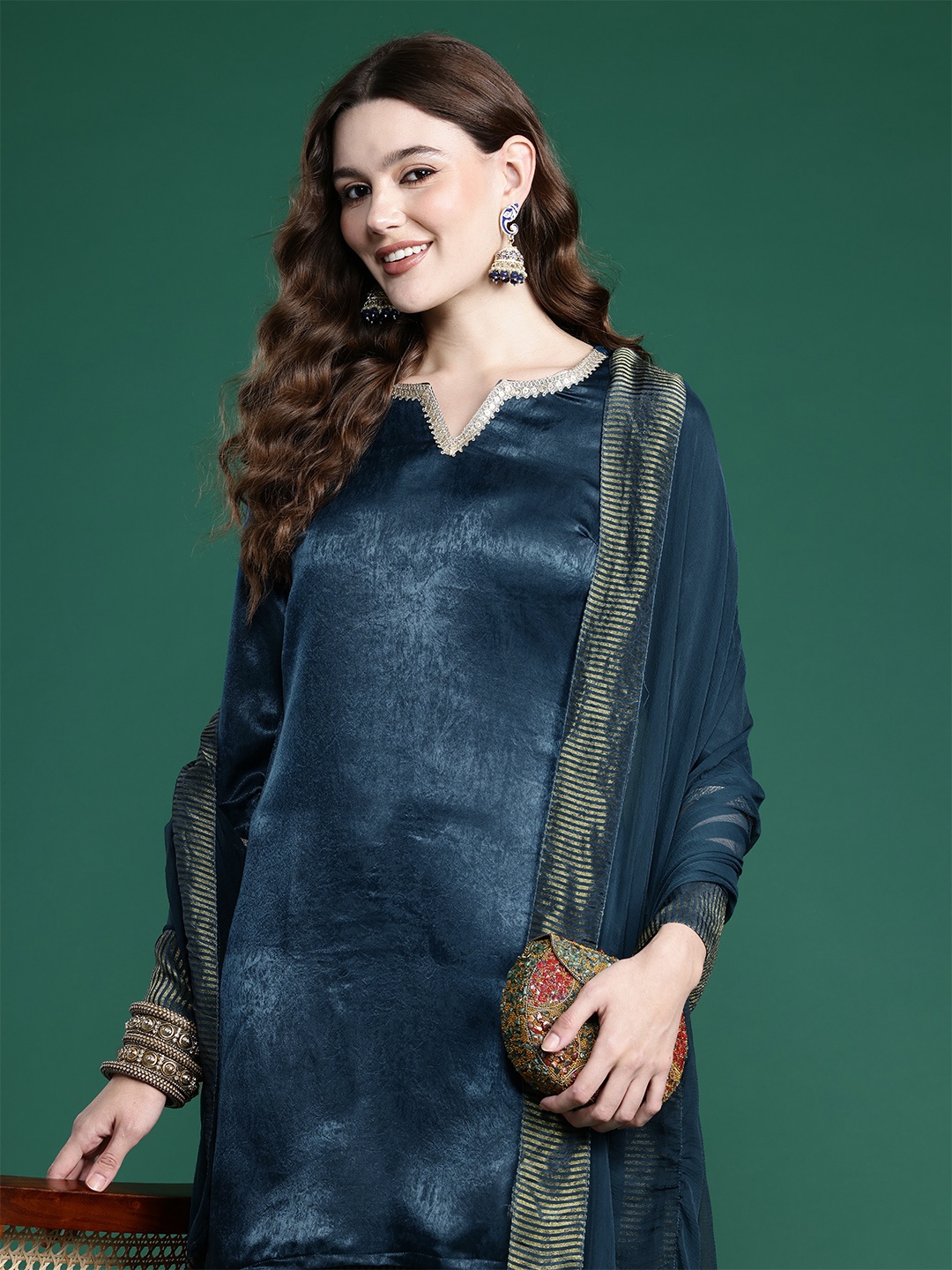 

Sangria Sheen Detail Kurta With Striped Sharara & Dupatta, Teal